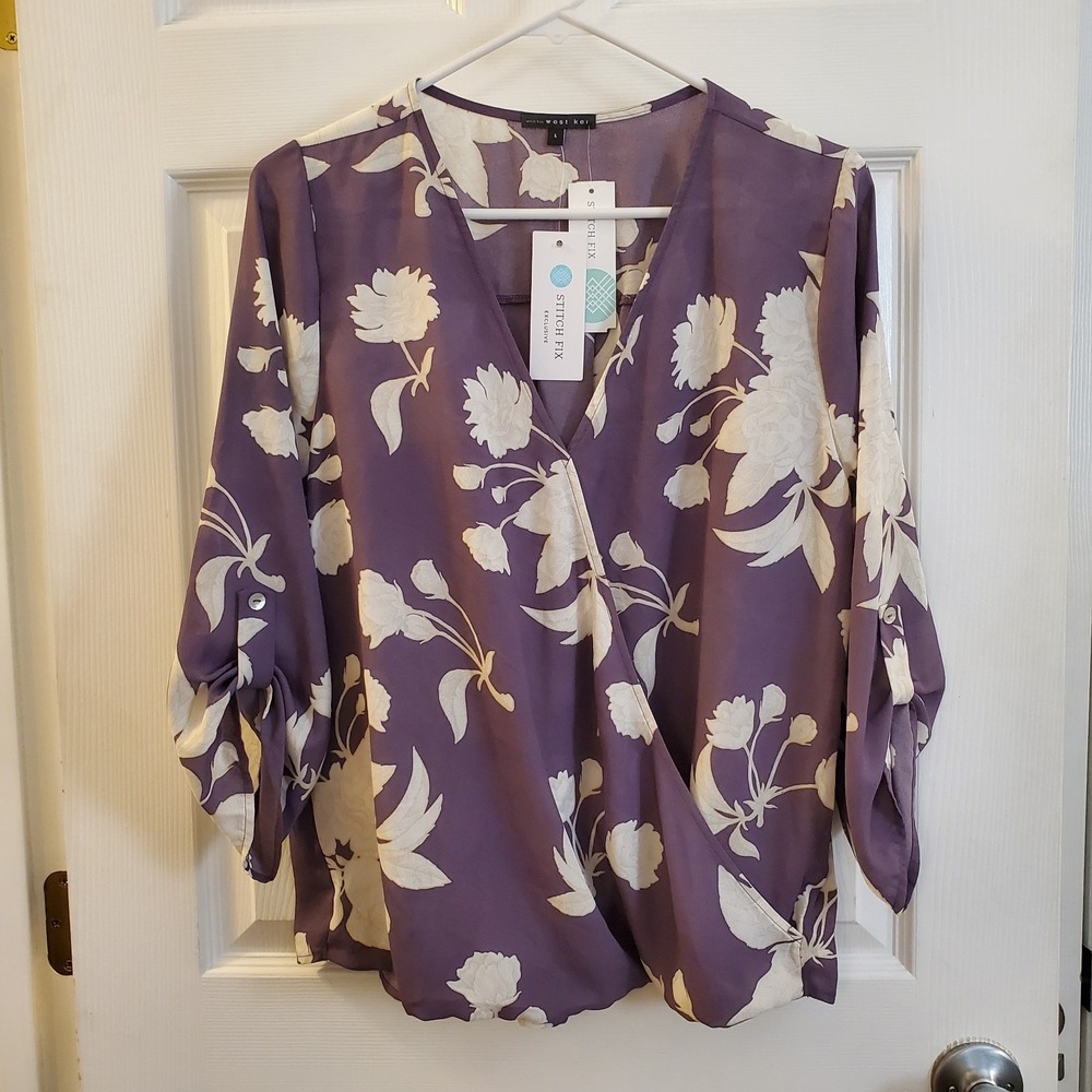 West Kei sz L Allan surplice rolltab blouse purple faux wrap NWT career feminine